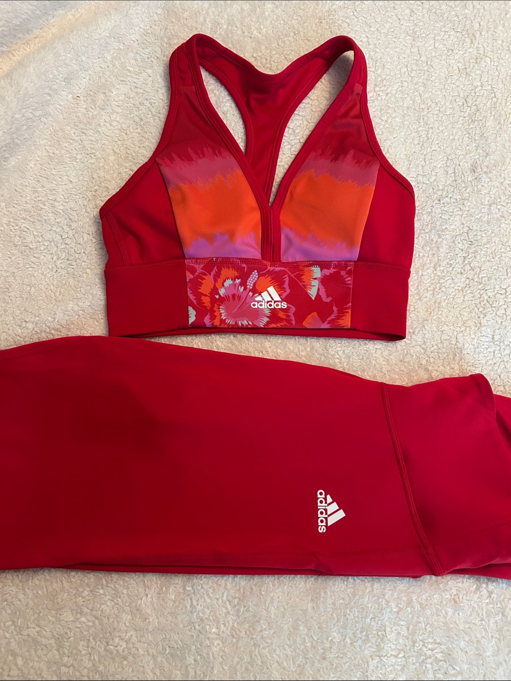 adidas Red Floral Accent Sports Bra & Leggings Set